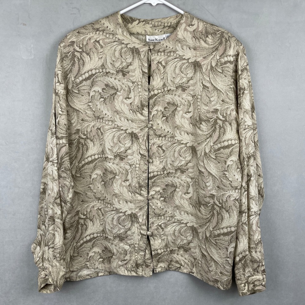 Anne Klein II Vintage 90s 100% Silk Baroque Scroll Button Front Blouse‎ Taupe 8